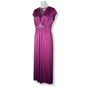 Vtg 70s/80s Nightgown Mumu Kaftan M/L Long Purple Nylon Embroidery Accent Plum